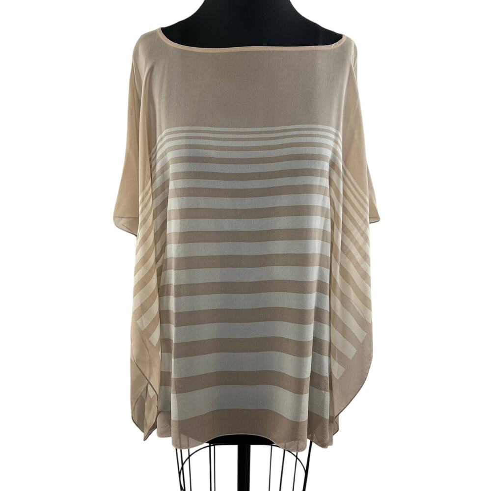 TALBOTS Tan White Silk Wide Neck Short Dolman Sleeve Striped Coverup Blouse L